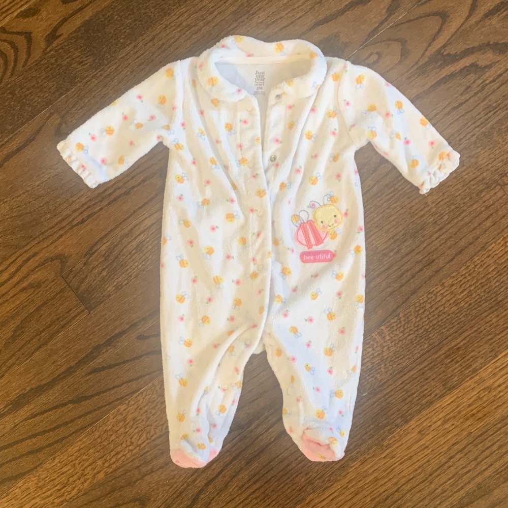 Adorable White and Pink Baby Footie with Bee Design
